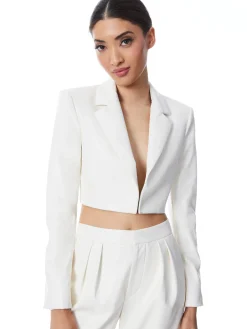 Alice and Olivia ABBOTT CROPPED RUCHED SLEEVE VEGAN LEATHER BLAZER ECRU*FEATURED SHOPS | FEATURED SHOPS | CLOTHING