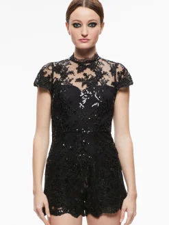 Alice and Olivia ALAINA EMBELLISHED LACE ROMPER BLACK*CLOTHING