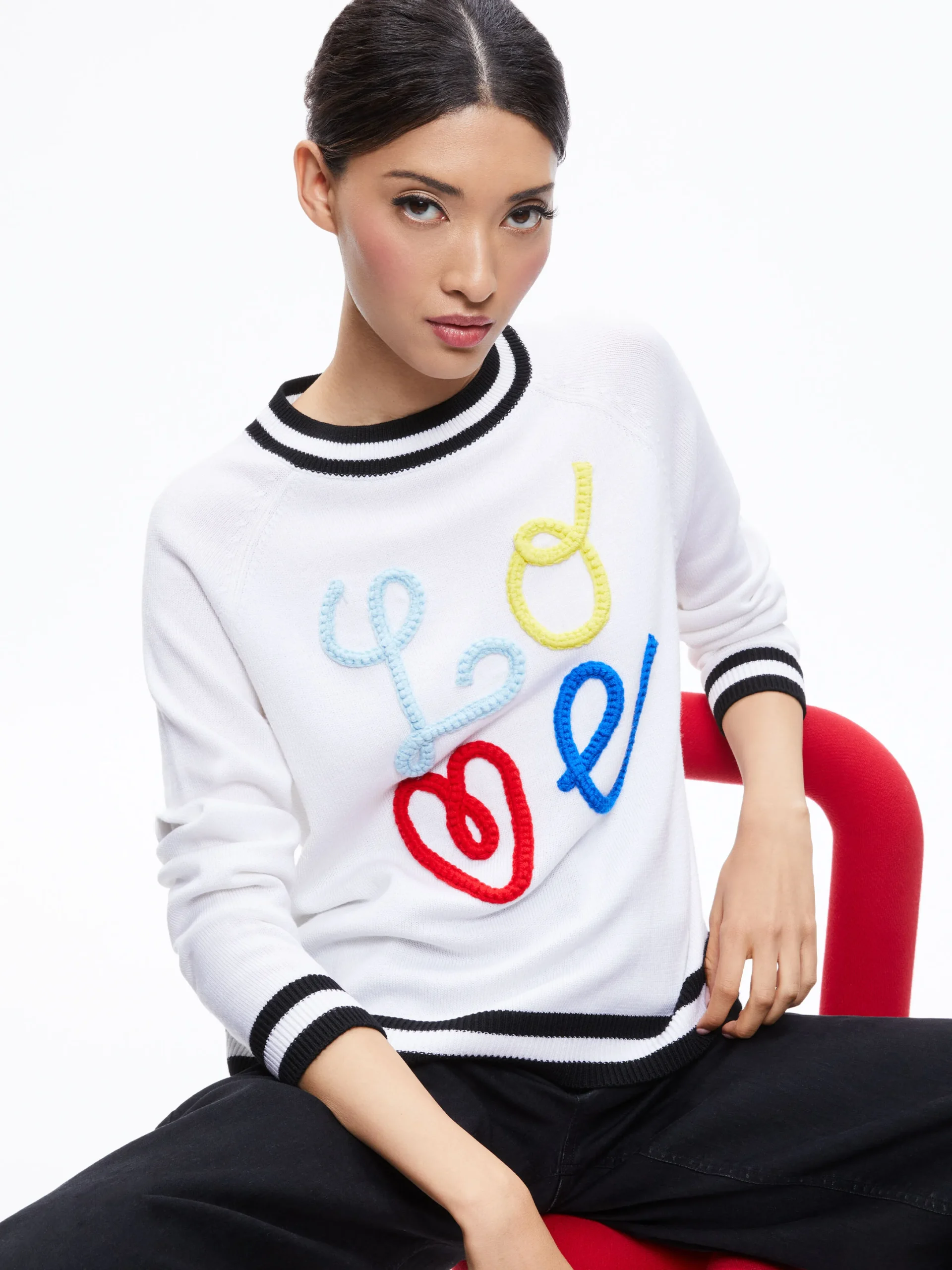 Alice and Olivia ALBINA LOVE PULLOVER SOFT WHITE/BLACK*CLOTHING | CLOTHING