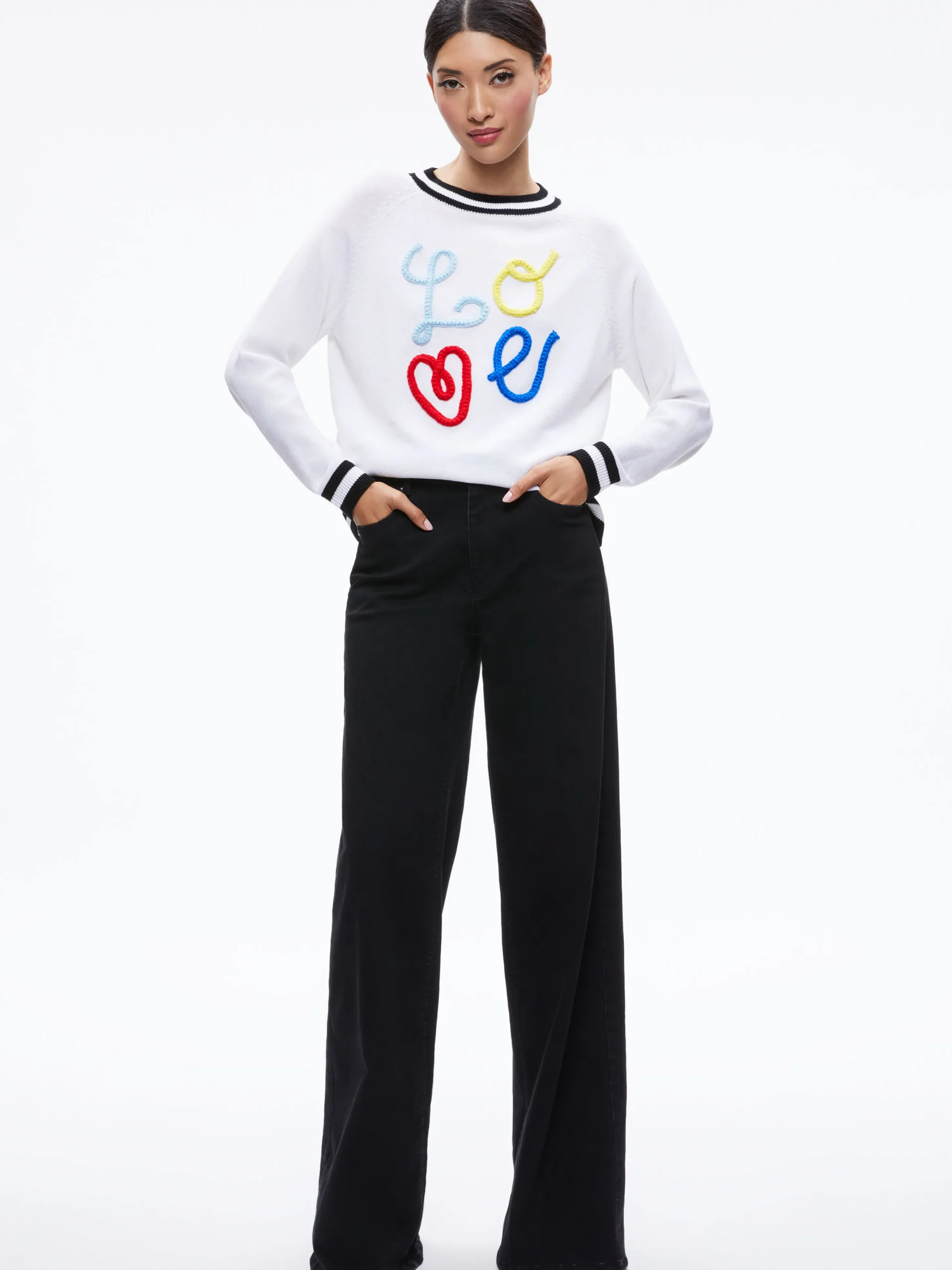 Alice and Olivia ALBINA LOVE PULLOVER SOFT WHITE/BLACK*CLOTHING | CLOTHING