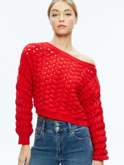 Alice and Olivia ALLENE CABLE KNIT CREWNECK BRIGHT RUBY*CLOTHING