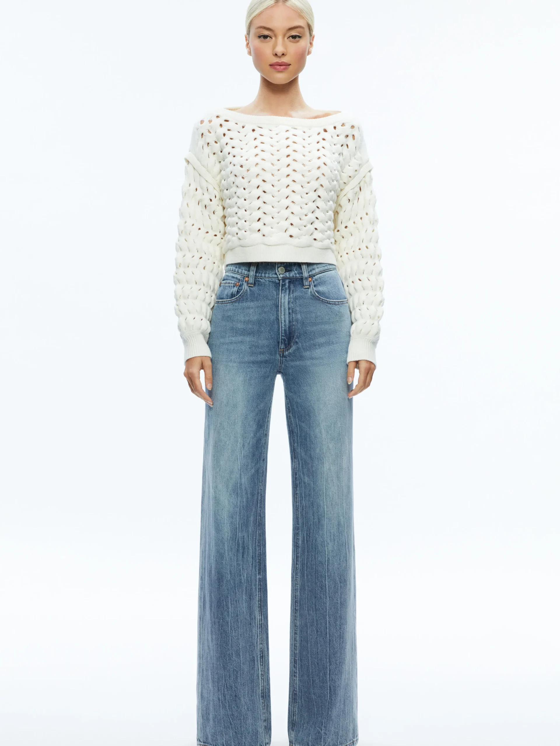 Alice and Olivia ALLENE CABLE KNIT CREWNECK ECRU*CLOTHING