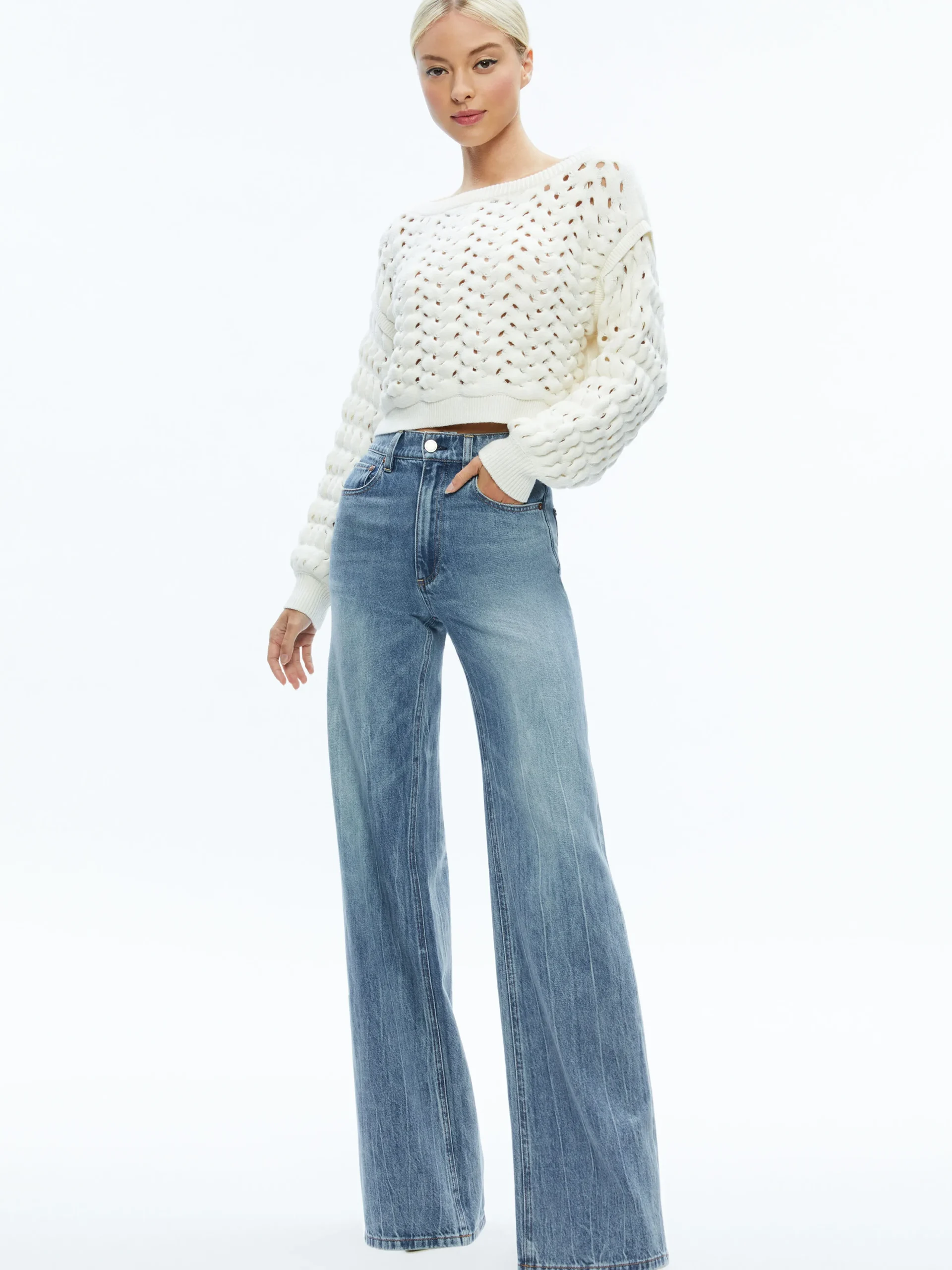 Alice and Olivia ALLENE CABLE KNIT CREWNECK ECRU*CLOTHING