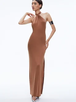 Alice and Olivia AMAYA HALTER NECK HIGH SLIT DRESS *DRESSES | CLOTHING