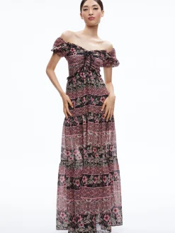 Alice and Olivia ANDREA PUFF SLEEVE MAXI DRESS CANOPY TILE BLACK*DRESSES | DRESSES | CLOTHING