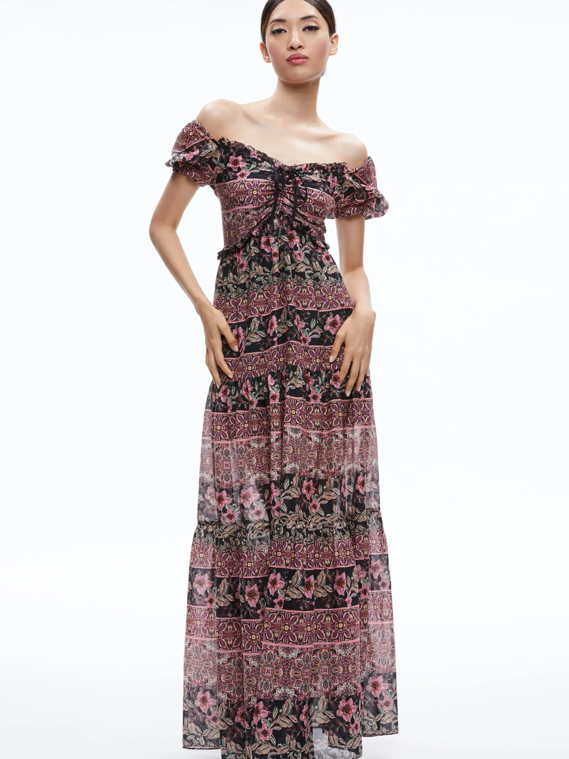 Alice and Olivia ANDREA PUFF SLEEVE MAXI DRESS CANOPY TILE BLACK*DRESSES | DRESSES | CLOTHING