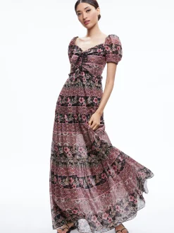 Alice and Olivia ANDREA PUFF SLEEVE MAXI DRESS CANOPY TILE BLACK*DRESSES | DRESSES | CLOTHING