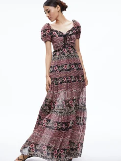 Alice and Olivia ANDREA PUFF SLEEVE MAXI DRESS CANOPY TILE BLACK*DRESSES | DRESSES | CLOTHING