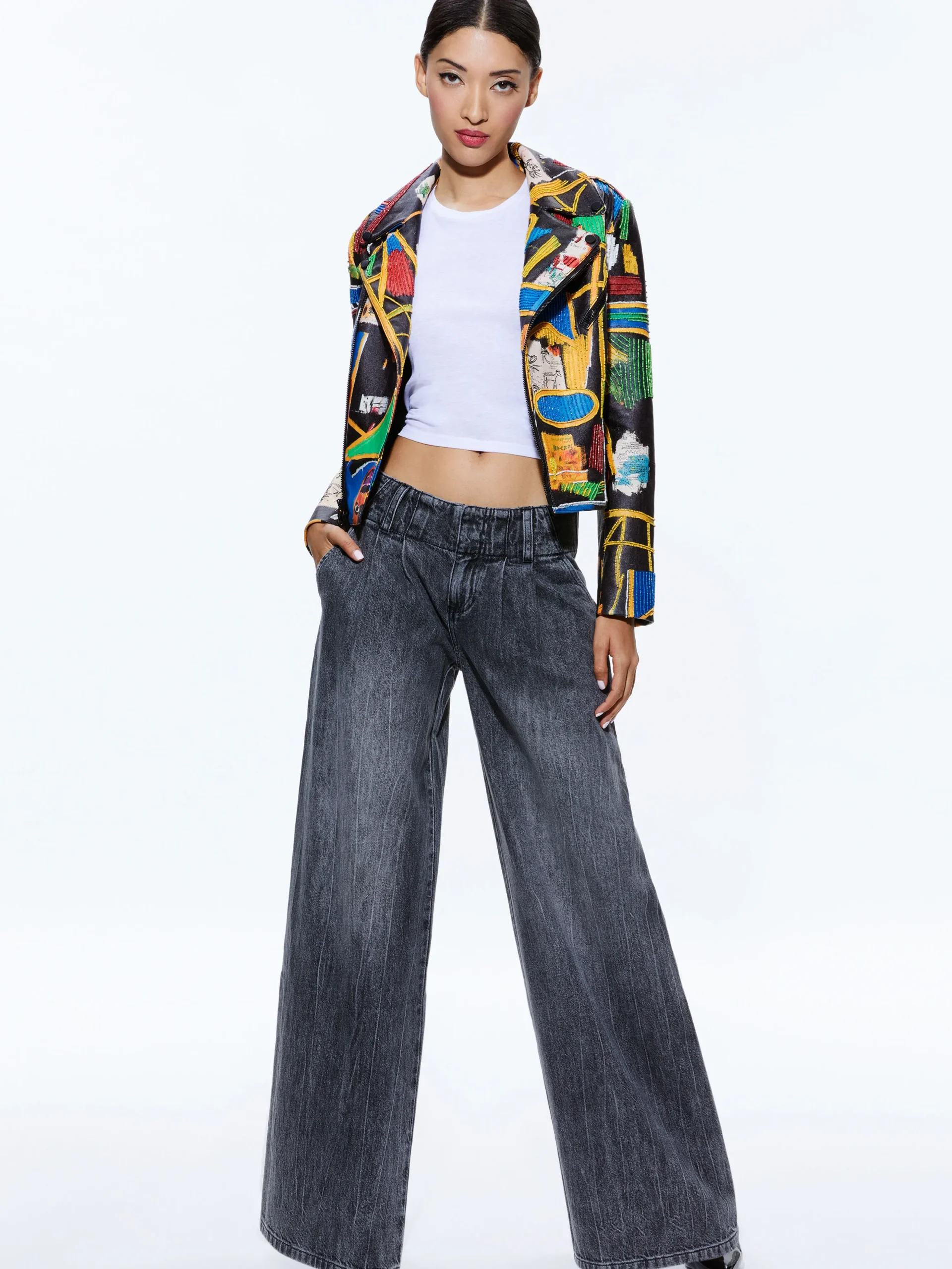 Alice and Olivia A+O X BASQUIAT CODY EMBELLISHED LEATHER JACKET LIBERTY*FEATURED SHOPS | CLOTHING