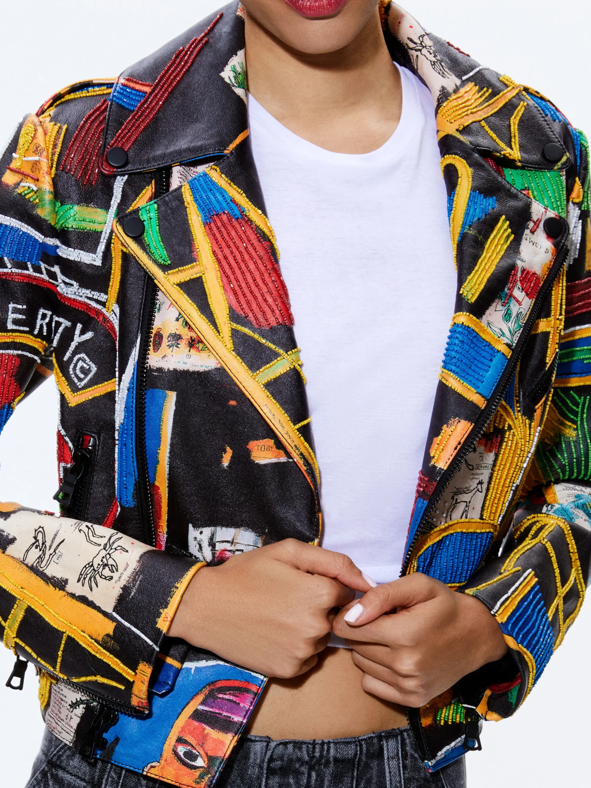 Alice and Olivia A+O X BASQUIAT CODY EMBELLISHED LEATHER JACKET LIBERTY*FEATURED SHOPS | CLOTHING