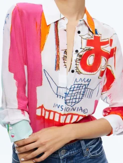 Alice and Olivia A+O X BASQUIAT WILLA PLACKET TOP INSIGNIA*CLOTHING