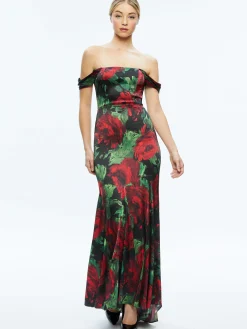 Alice and Olivia ARZA OFF SHOULDER MAXI DRESS CLOUD FLORAL BORDEAUX LG*DRESSES | DRESSES | CLOTHING
