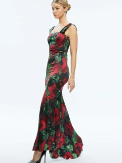 Alice and Olivia ARZA OFF SHOULDER MAXI DRESS CLOUD FLORAL BORDEAUX LG*DRESSES | DRESSES | CLOTHING