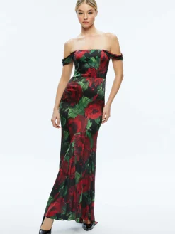 Alice and Olivia ARZA OFF SHOULDER MAXI DRESS CLOUD FLORAL BORDEAUX LG*DRESSES | DRESSES | CLOTHING