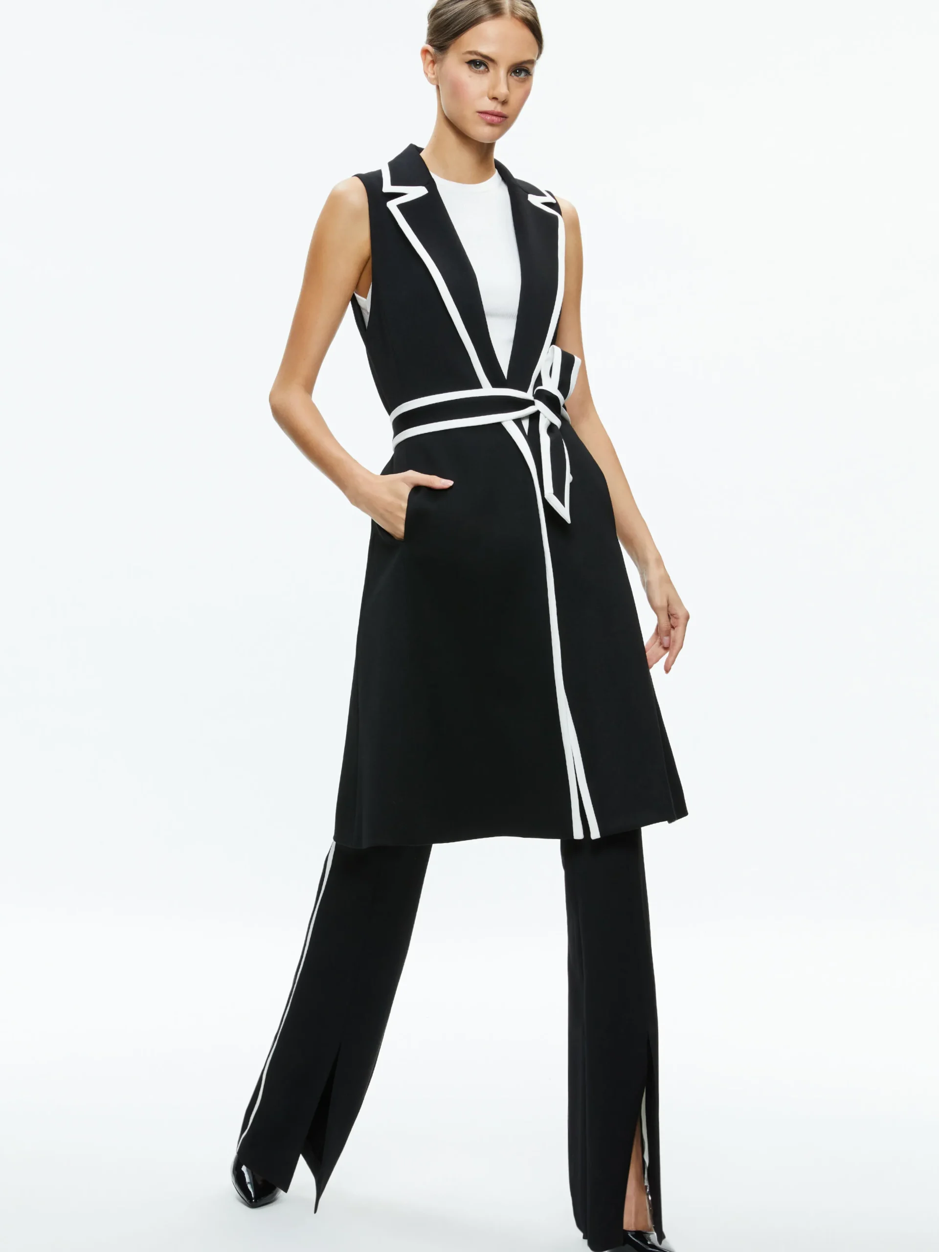 Alice and Olivia AUBREY LONG TRENCH VEST BLACK/OFF WHITE*FEATURED SHOPS | FEATURED SHOPS | CLOTHING