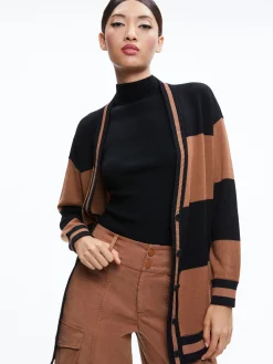 Alice and Olivia BARRY OVERSIZED V-NECK CARDIGAN CAMEL/BLACK STRIPE*CLOTHING