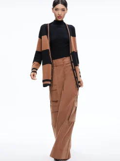 Alice and Olivia BARRY OVERSIZED V-NECK CARDIGAN CAMEL/BLACK STRIPE*CLOTHING