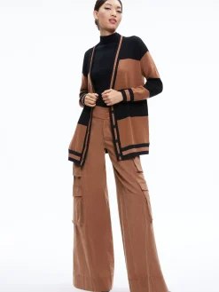 Alice and Olivia BARRY OVERSIZED V-NECK CARDIGAN CAMEL/BLACK STRIPE*CLOTHING