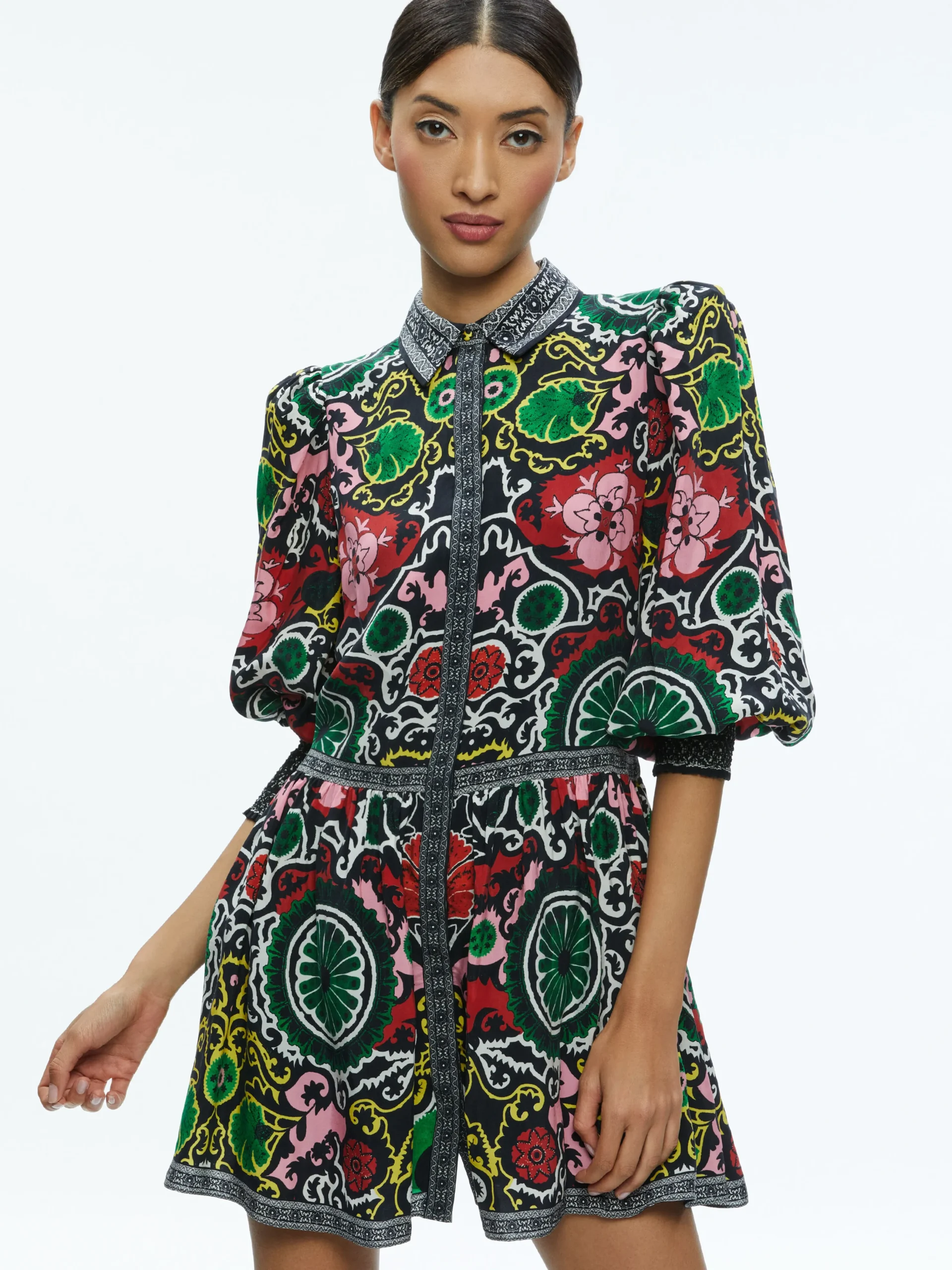 Alice and Olivia BERTHA BLOUSON SLEEVE MINI DRESS MONARCH BLACK SMALL*DRESSES | CLOTHING