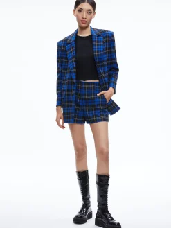 Alice and Olivia CADY HIGH WAISTED SHORT SCHOOLGIRL PLAID SAPPHIRE*CLOTHING