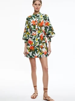 Alice and Olivia CAILIN BUTTON FRONT BLOUSON SLEEVE MINI DRESS TROPICAL SUNRISE OFF WHITE*DRESSES | CLOTHING