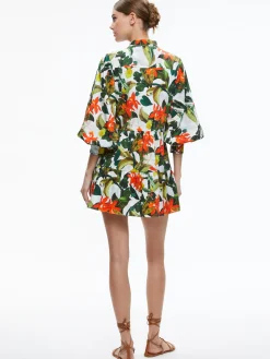 Alice and Olivia CAILIN BUTTON FRONT BLOUSON SLEEVE MINI DRESS TROPICAL SUNRISE OFF WHITE*DRESSES | CLOTHING