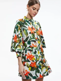 Alice and Olivia CAILIN BUTTON FRONT BLOUSON SLEEVE MINI DRESS TROPICAL SUNRISE OFF WHITE*DRESSES | CLOTHING