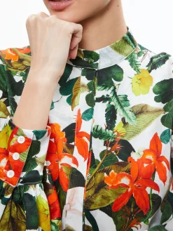 Alice and Olivia CAILIN BUTTON FRONT BLOUSON SLEEVE MINI DRESS TROPICAL SUNRISE OFF WHITE*DRESSES | CLOTHING