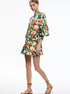 Alice and Olivia CAILIN BUTTON FRONT BLOUSON SLEEVE MINI DRESS TROPICAL SUNRISE OFF WHITE*DRESSES | CLOTHING