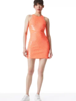 Alice and Olivia CARA SEQUIN MESH CUT OUT MINI DRESS BRIGHT CORAL*DRESSES | CLOTHING