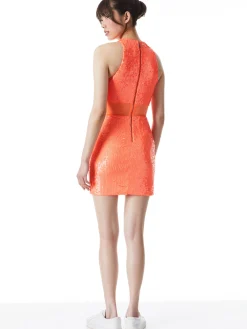 Alice and Olivia CARA SEQUIN MESH CUT OUT MINI DRESS BRIGHT CORAL*DRESSES | CLOTHING
