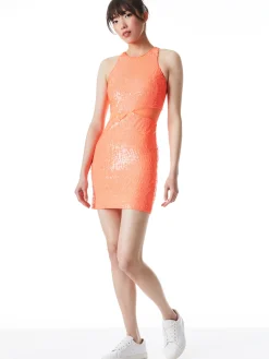 Alice and Olivia CARA SEQUIN MESH CUT OUT MINI DRESS BRIGHT CORAL*DRESSES | CLOTHING