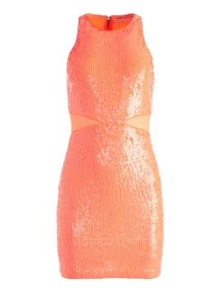 Alice and Olivia CARA SEQUIN MESH CUT OUT MINI DRESS BRIGHT CORAL*DRESSES | CLOTHING