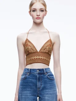 Alice and Olivia CARLI EMBROIDERED TIE NECK BRA TOP CAMEL/GOLD*CLOTHING
