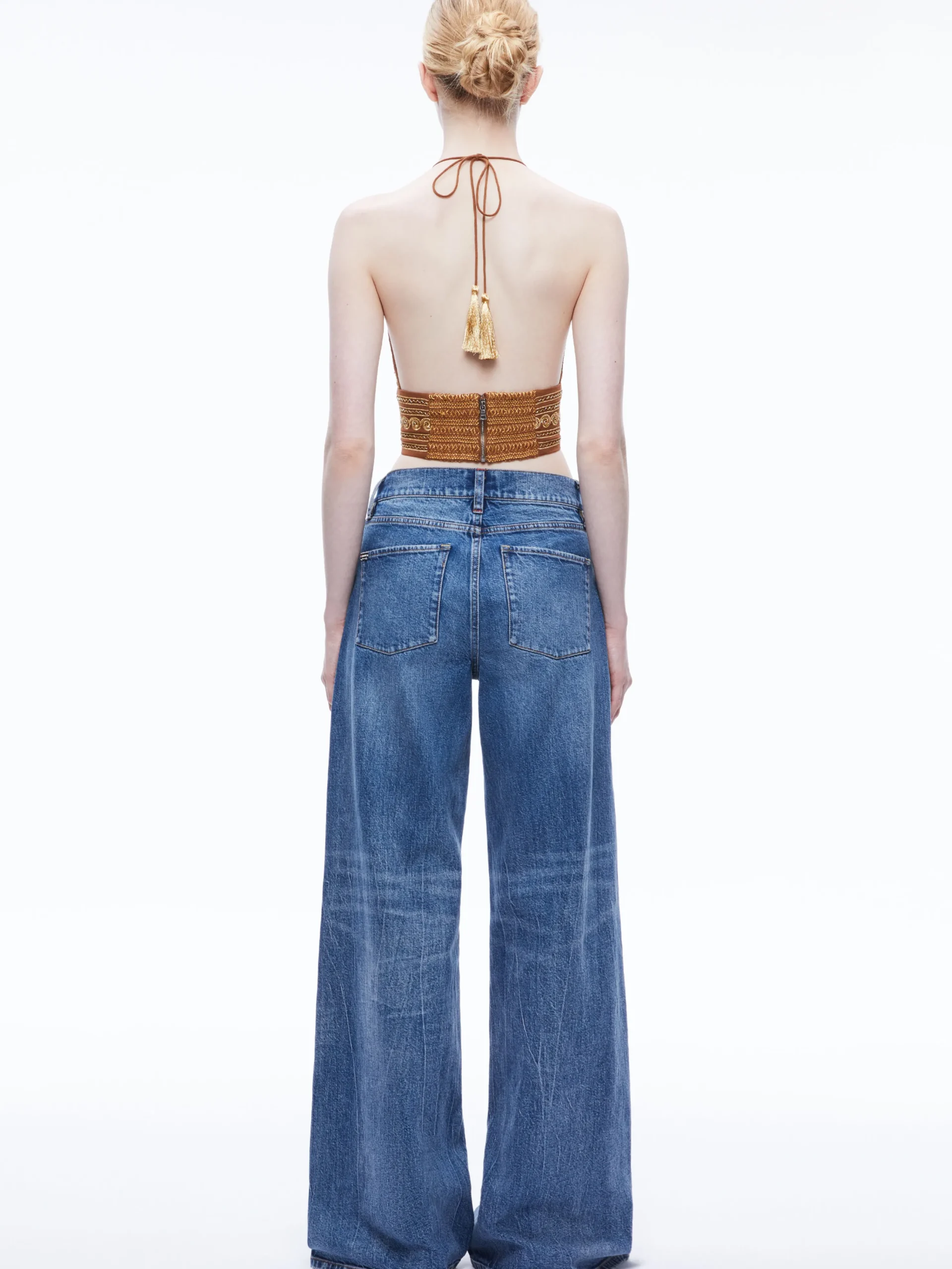 Alice and Olivia CARLI EMBROIDERED TIE NECK BRA TOP CAMEL/GOLD*CLOTHING