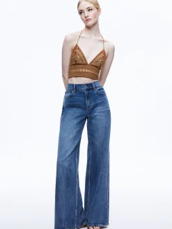 Alice and Olivia CARLI EMBROIDERED TIE NECK BRA TOP CAMEL/GOLD*CLOTHING