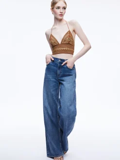 Alice and Olivia CARLI EMBROIDERED TIE NECK BRA TOP CAMEL/GOLD*CLOTHING