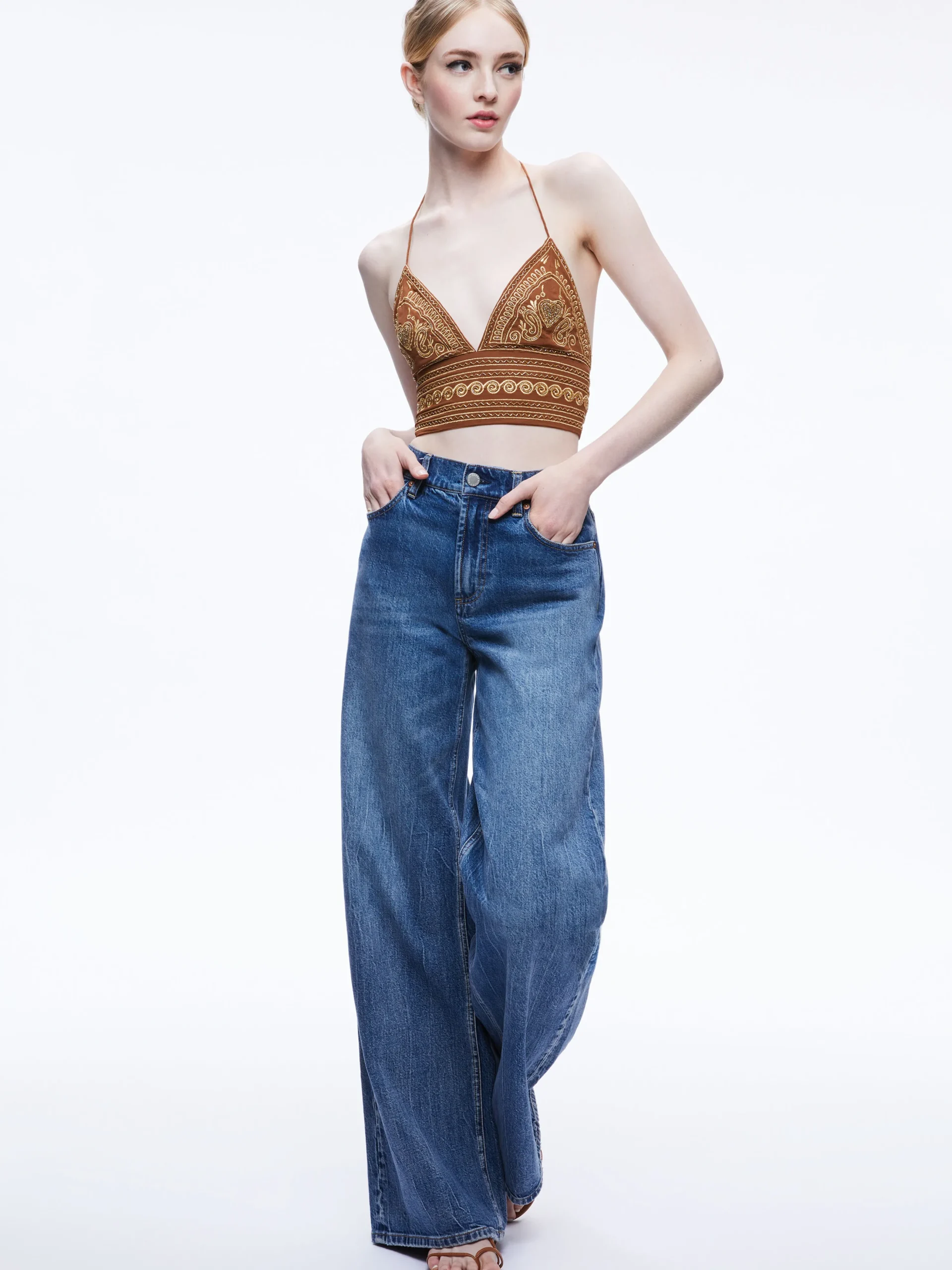 Alice and Olivia CARLI EMBROIDERED TIE NECK BRA TOP CAMEL/GOLD*CLOTHING