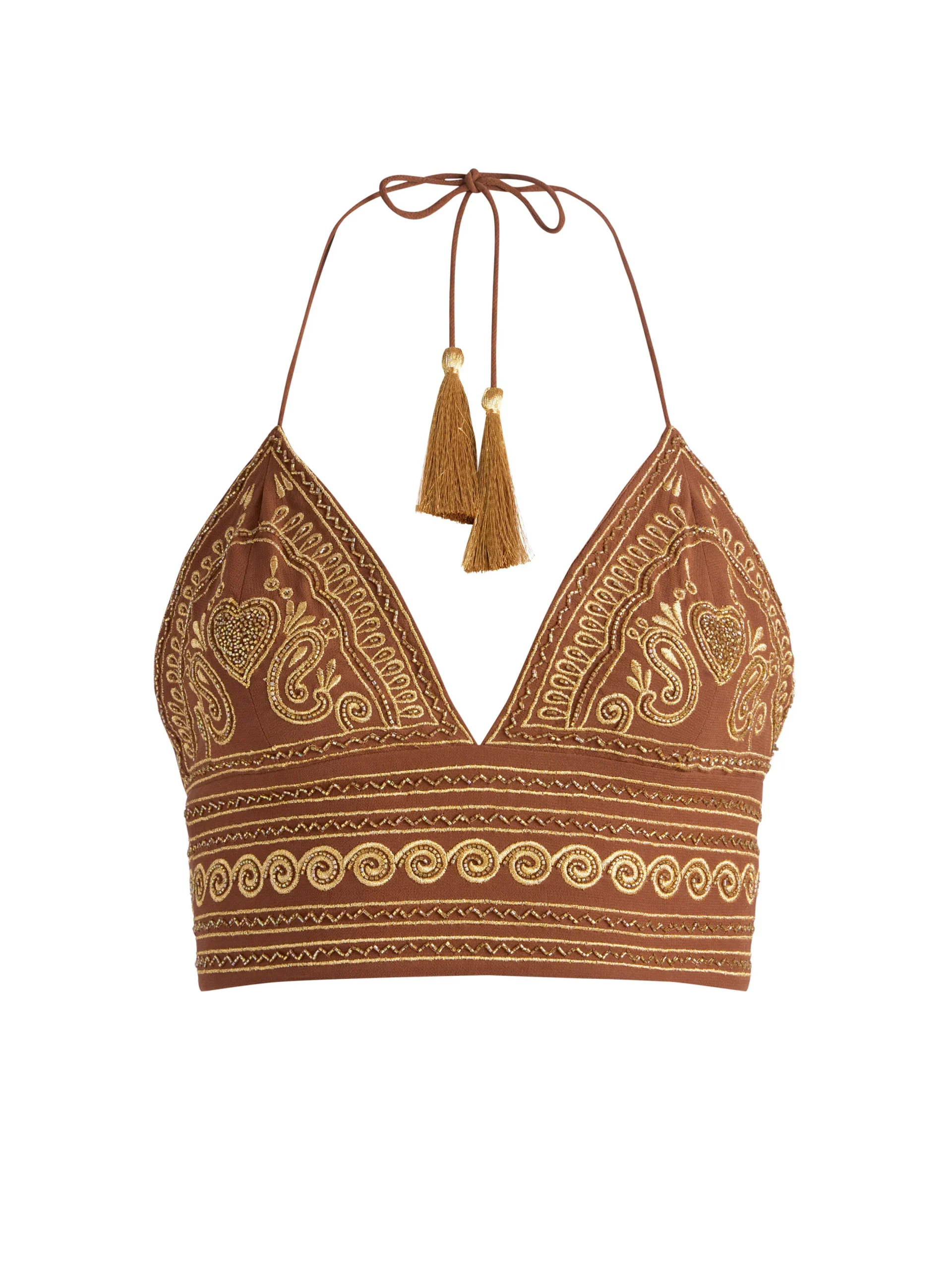 Alice and Olivia CARLI EMBROIDERED TIE NECK BRA TOP CAMEL/GOLD*CLOTHING