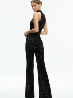 Alice and Olivia CATALINE SEQUIN HIGH NECK WIDE LEG JUMPSUIT BLACK*CLOTHING