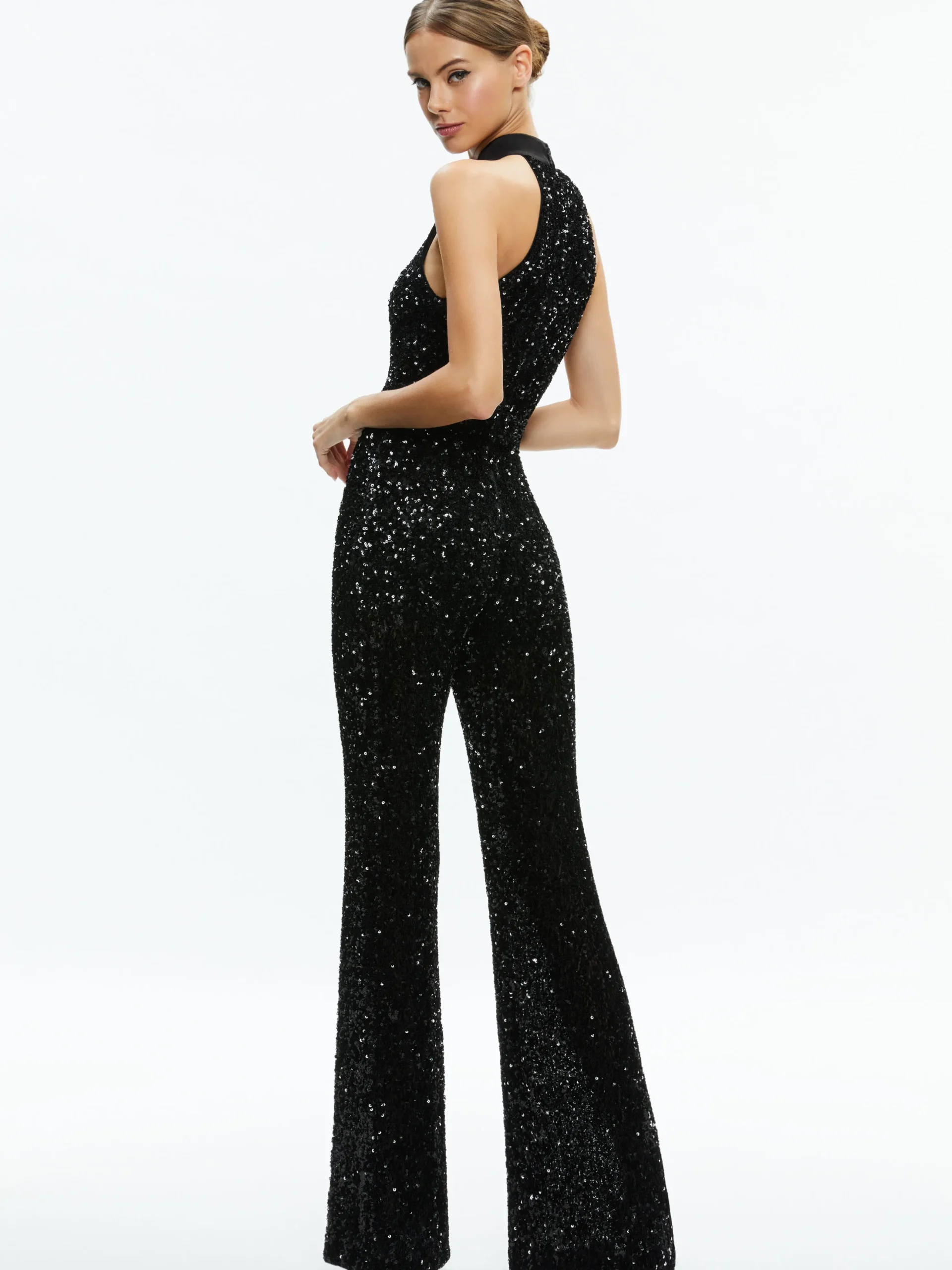 Alice and Olivia CATALINE SEQUIN HIGH NECK WIDE LEG JUMPSUIT BLACK*CLOTHING