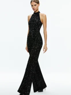 Alice and Olivia CATALINE SEQUIN HIGH NECK WIDE LEG JUMPSUIT BLACK*CLOTHING
