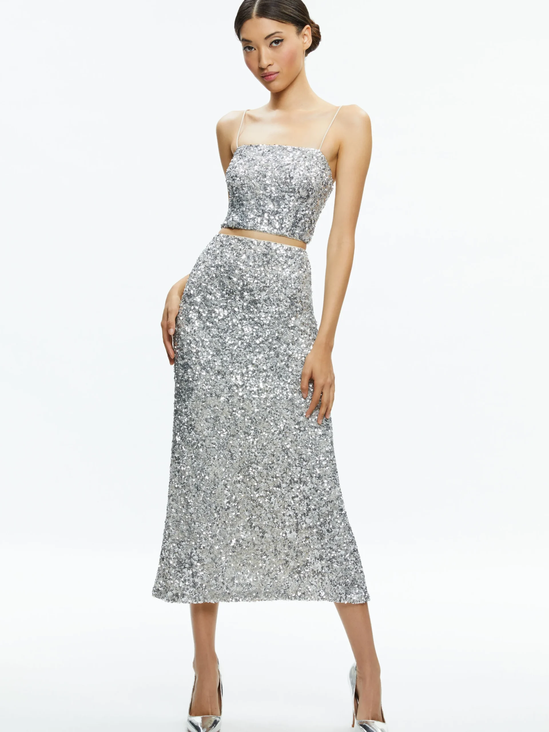 Alice and Olivia CERESI SEQUIN BANDEAU CROP TOP CHAMPAGNE/SILVER*CLOTHING