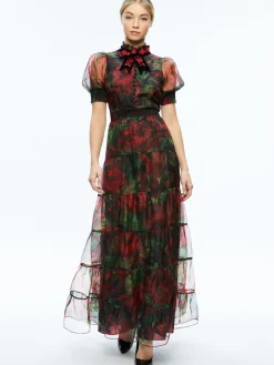 Alice and Olivia COLETTA BOW NECK BUTTON FRONT MAXI DRESS CLOUD FLORAL BORDEAUX LG*DRESSES | DRESSES | CLOTHING