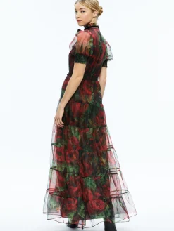 Alice and Olivia COLETTA BOW NECK BUTTON FRONT MAXI DRESS CLOUD FLORAL BORDEAUX LG*DRESSES | DRESSES | CLOTHING