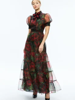 Alice and Olivia COLETTA BOW NECK BUTTON FRONT MAXI DRESS CLOUD FLORAL BORDEAUX LG*DRESSES | DRESSES | CLOTHING
