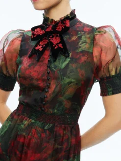 Alice and Olivia COLETTA BOW NECK BUTTON FRONT MAXI DRESS CLOUD FLORAL BORDEAUX LG*DRESSES | DRESSES | CLOTHING