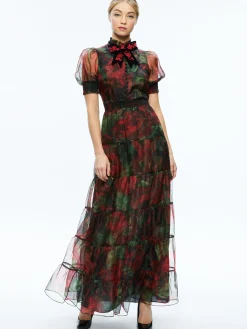 Alice and Olivia COLETTA BOW NECK BUTTON FRONT MAXI DRESS CLOUD FLORAL BORDEAUX LG*DRESSES | DRESSES | CLOTHING