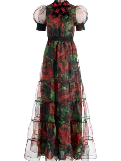 Alice and Olivia COLETTA BOW NECK BUTTON FRONT MAXI DRESS CLOUD FLORAL BORDEAUX LG*DRESSES | DRESSES | CLOTHING