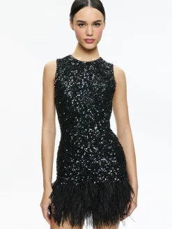 Alice and Olivia COLEY EMBELLISHED FEATHER TRIM MINI DRESS BLACK*DRESSES | DRESSES | CLOTHING
